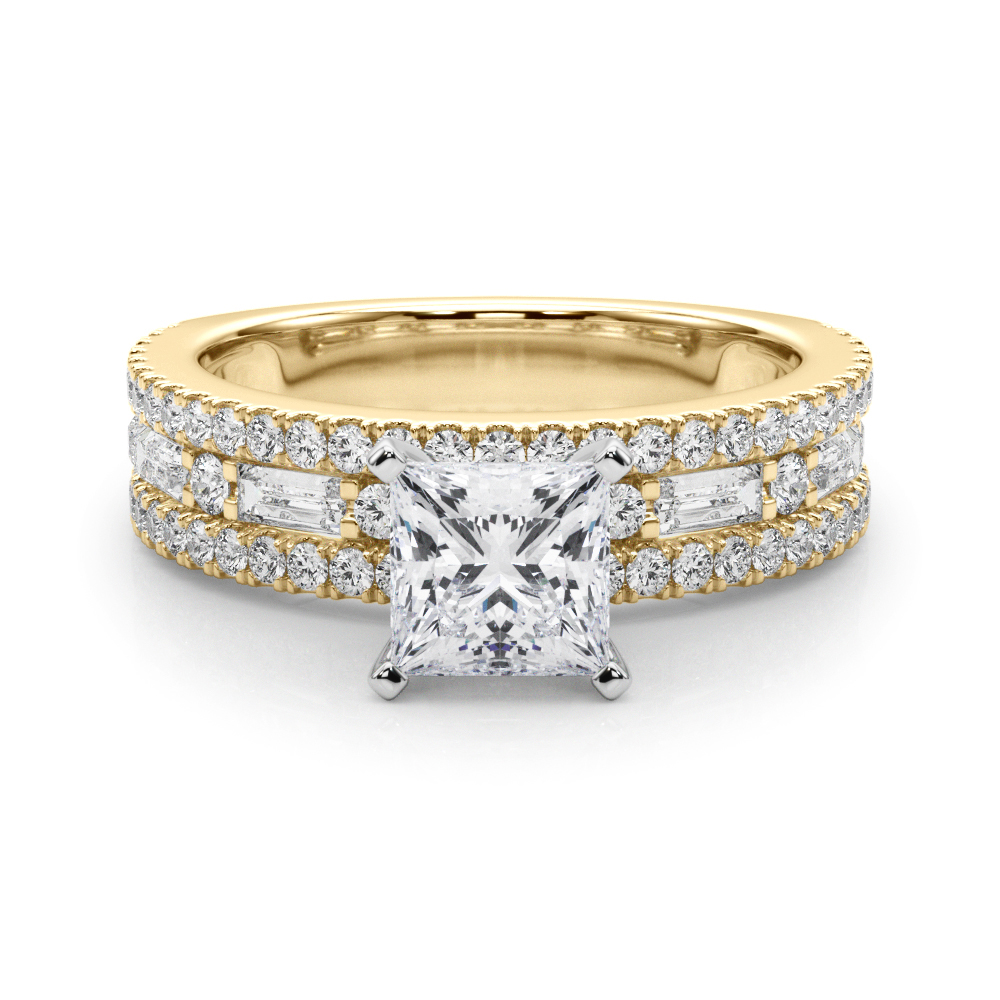 princess cut diamond triple row engagement ring in yellow gold