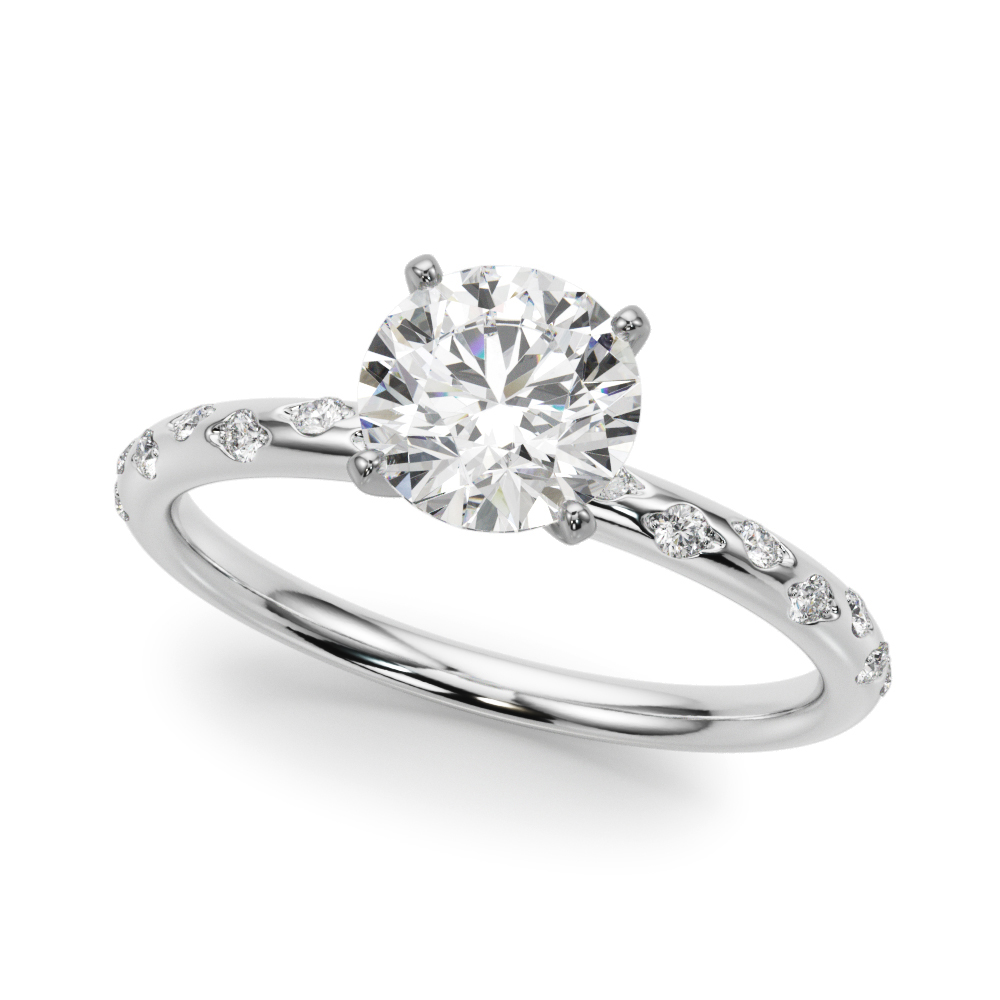 angle view of round cut diamond burnished diamond engagement ring in palladium