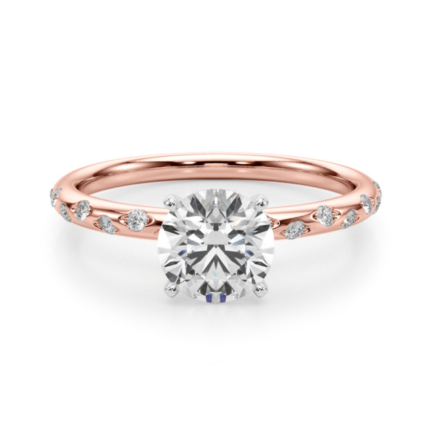 round cut diamond burnished diamond engagement ring in rose gold