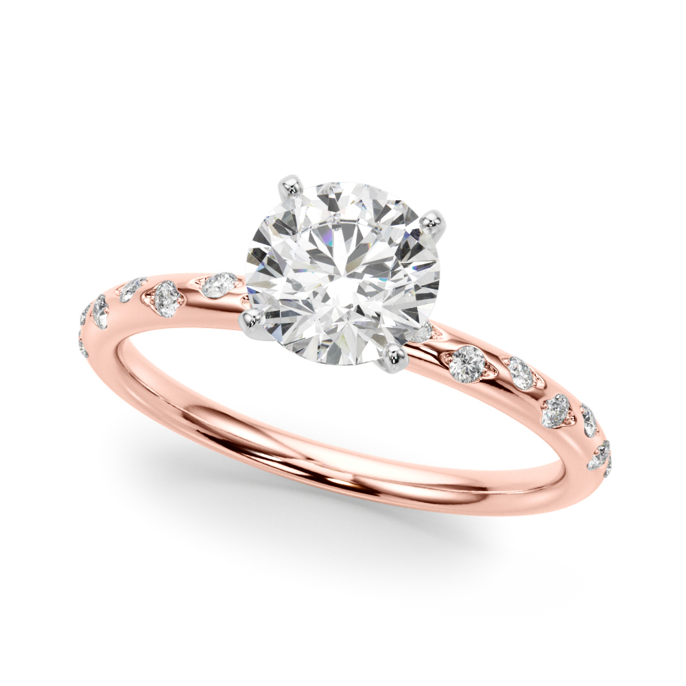 angle view of round cut diamond burnished diamond engagement ring rose gold