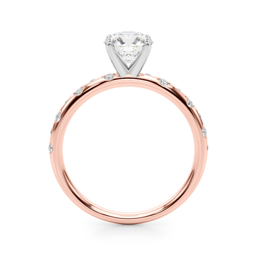 side view of round cut diamond burnished diamond engagement ring rose gold