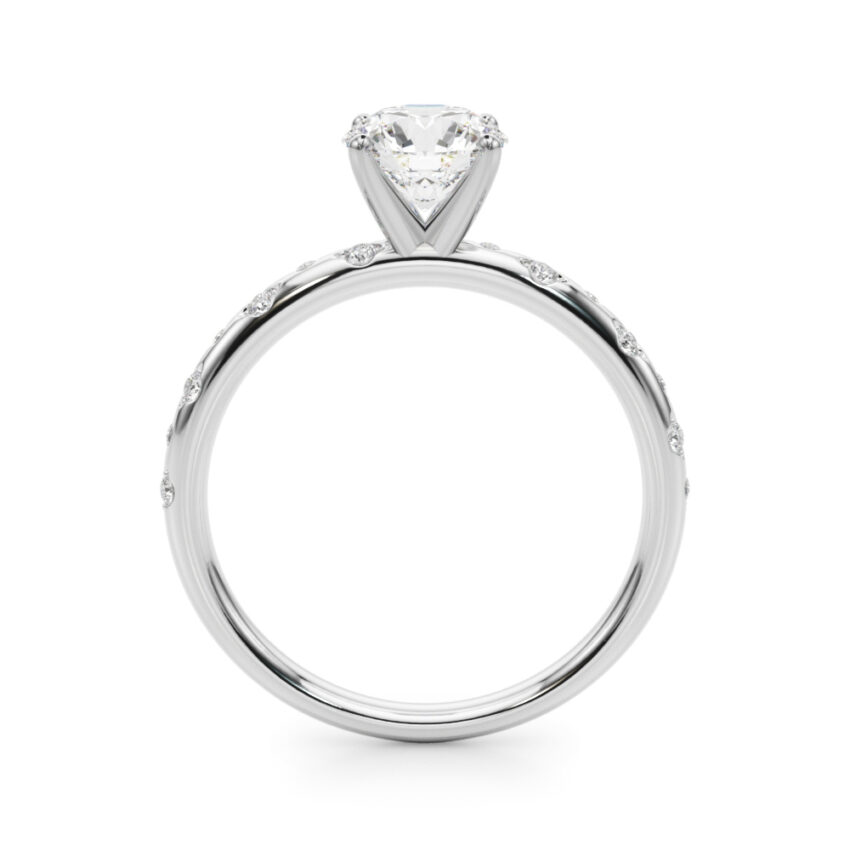 side view of round cut diamond burnished diamond engagement ring white gold