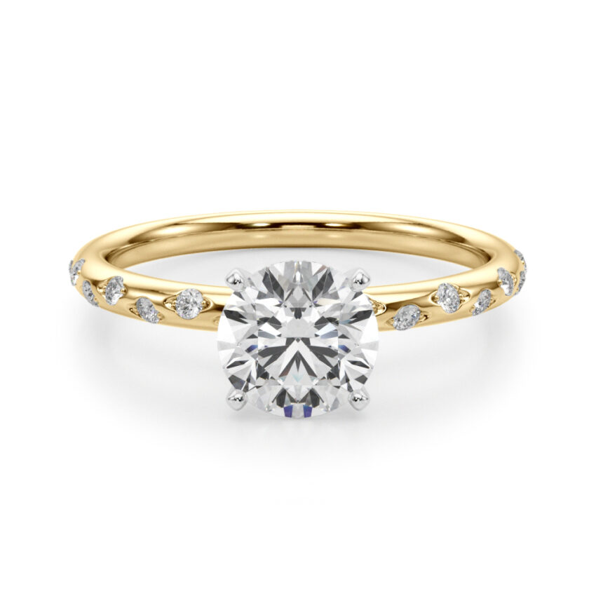 round cut diamond burnished diamond engagement ring in yellow gold