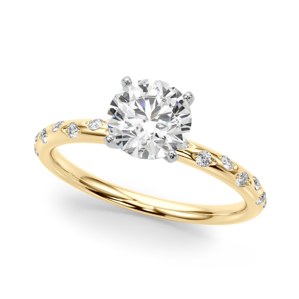 angle view of round cut diamond burnished diamond engagement ring yellow gold