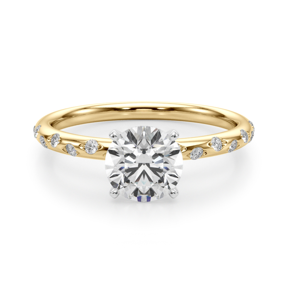 round cut diamond burnished diamond engagement ring in yellow gold