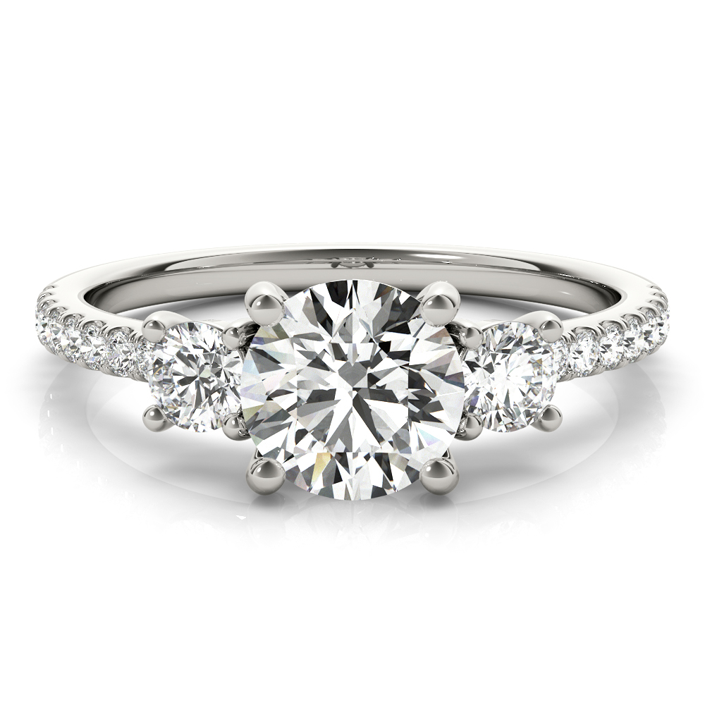 round cut diamond pave three stone engagement ring in palladium