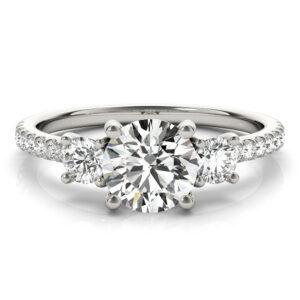 round cut diamond pave three stone engagement ring in platinum
