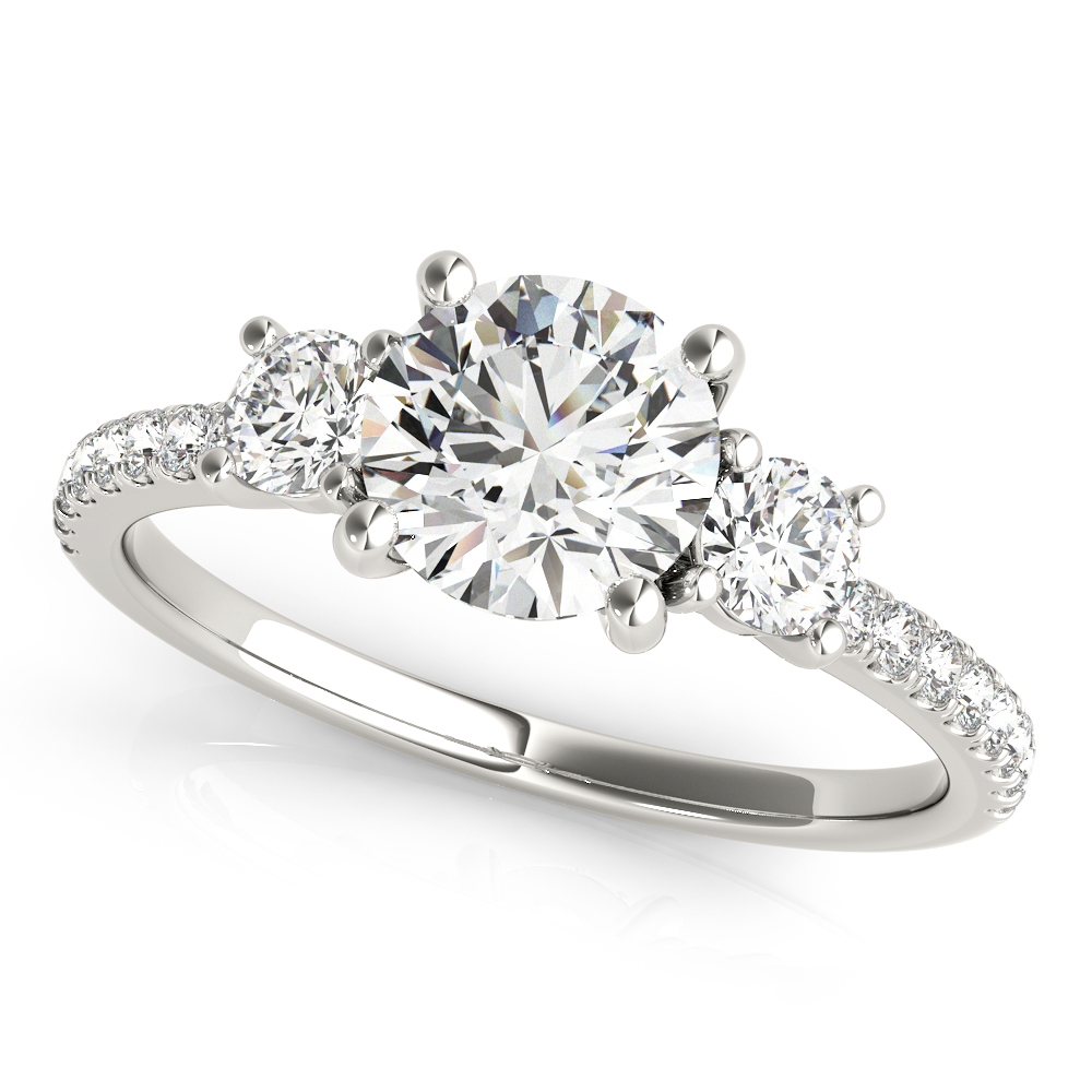 Angle view of round cut diamond pave three stone engagement ring platinum