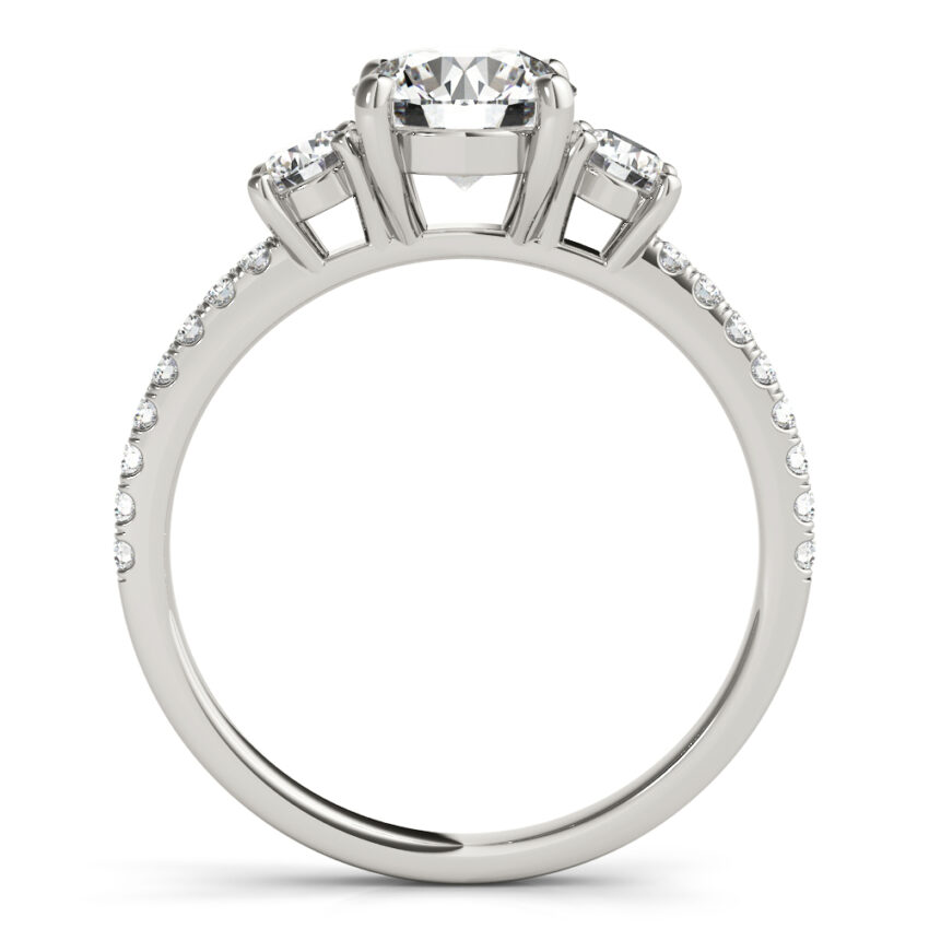 Side view of round cut diamond pave three stone engagement ring platinum