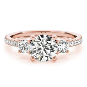 round cut diamond pave three stone engagement ring in rose gold