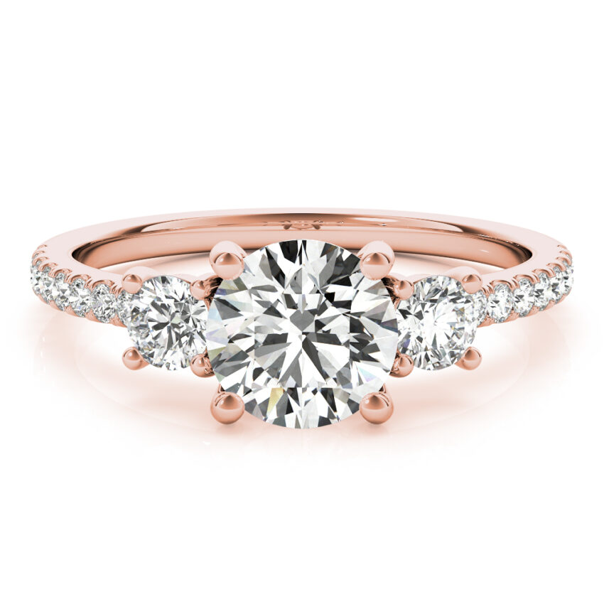 round cut diamond pave three stone engagement ring in rose gold