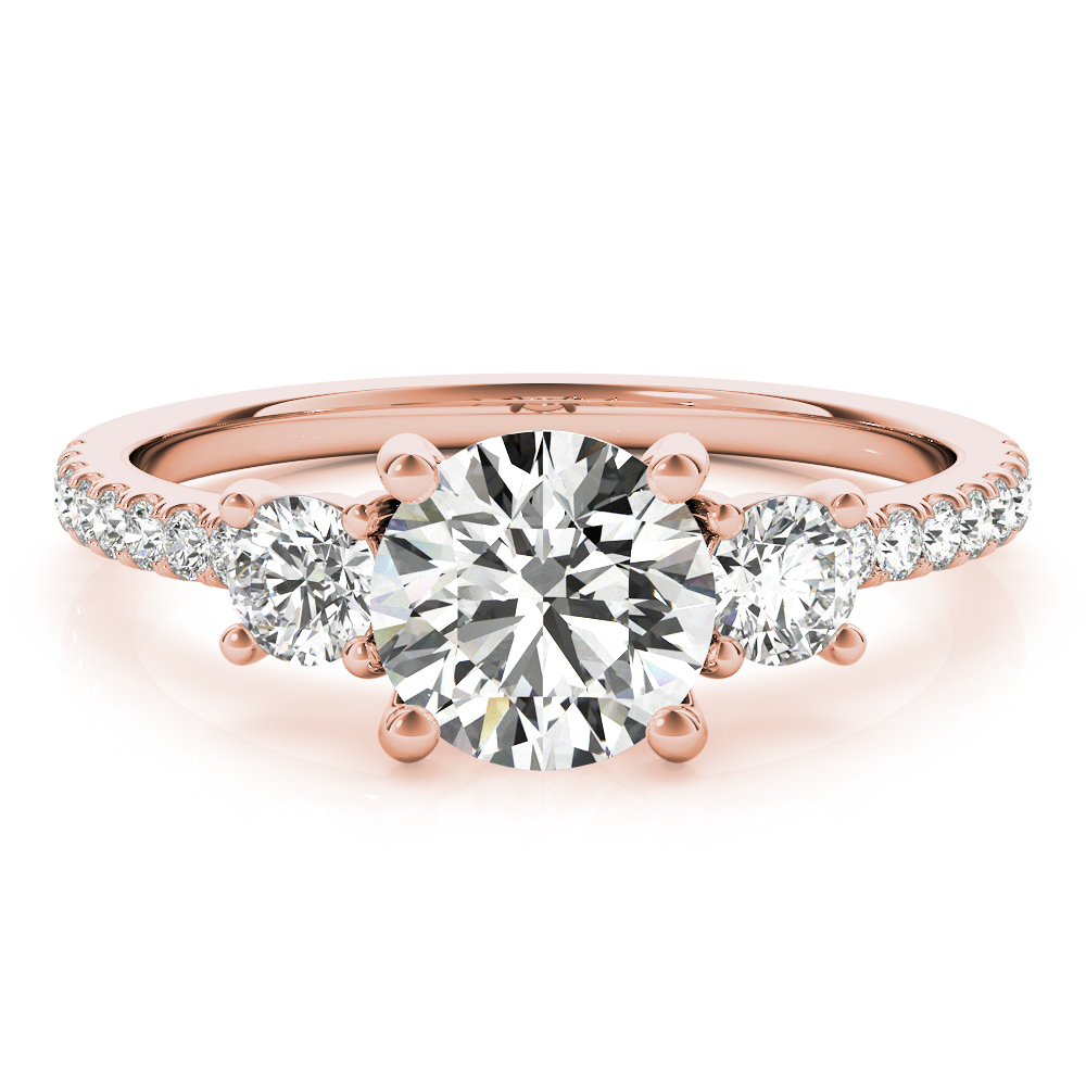 round cut diamond pave three stone engagement ring in rose gold