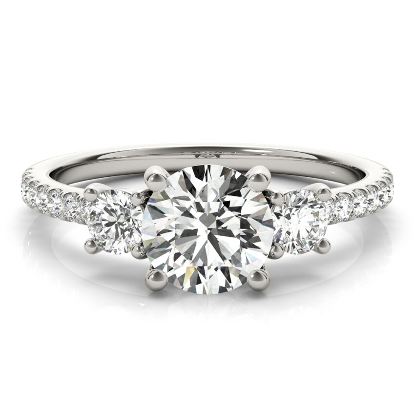 round cut diamond pave three stone engagement ring in white gold