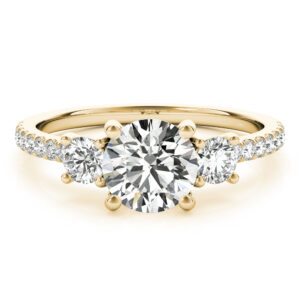 round cut diamond pave three stone engagement ring in yellow gold