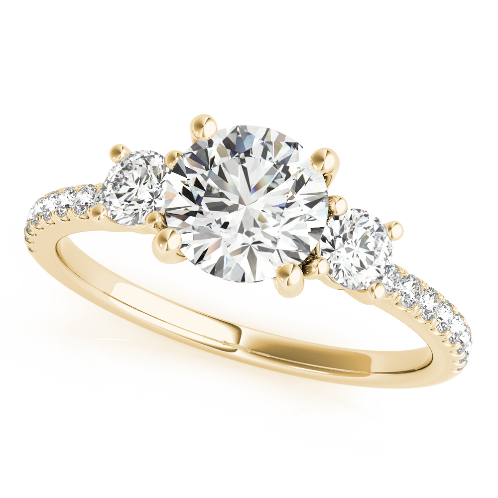 Angle view of round cut diamond pave three stone engagement ring yellow gold