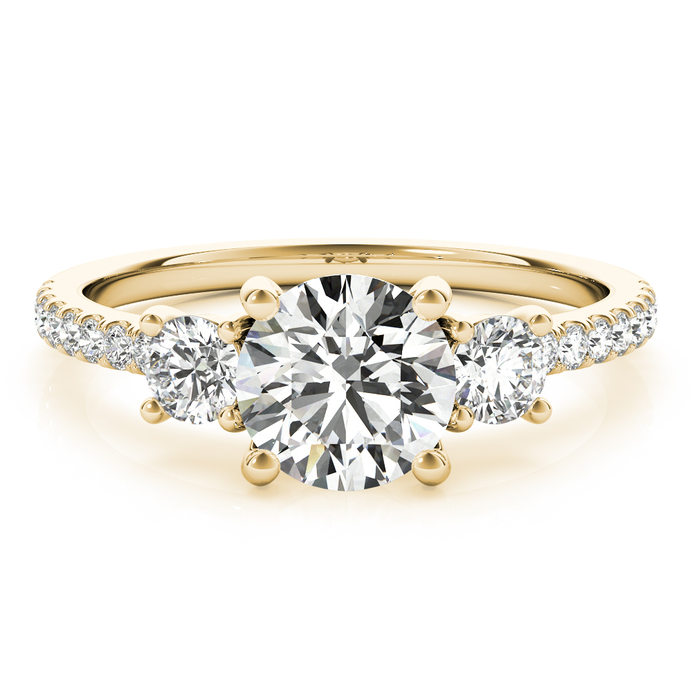 round cut diamond pave three stone engagement ring in yellow gold