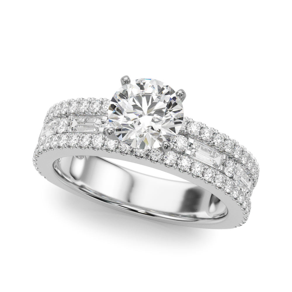 Angle view of round cut diamond triple row engagement ring palladium