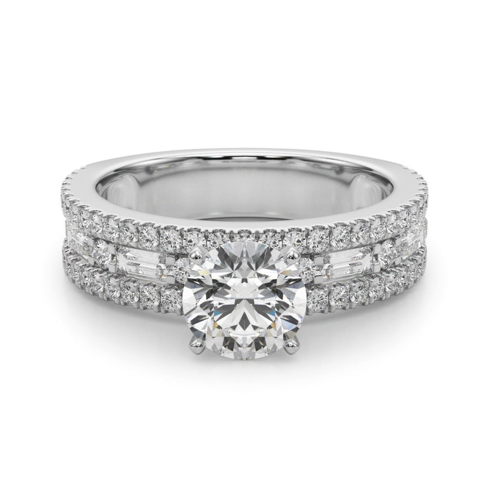 round cut diamond triple row engagement ring in palladium