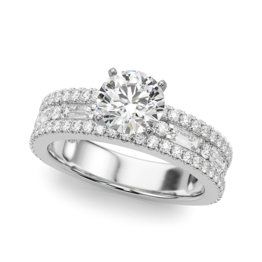 Angle view of round cut diamond triple row engagement ring platinum
