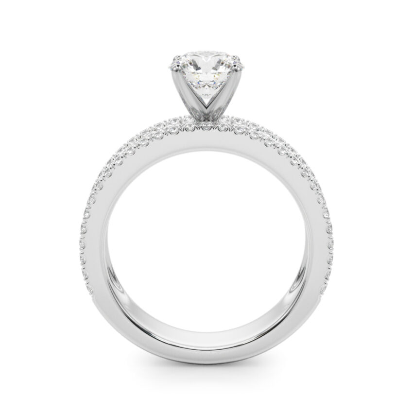 Side view of round cut diamond triple row engagement ring platinum