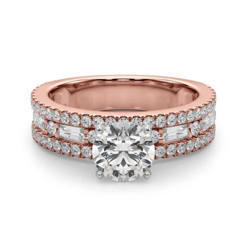round cut diamond triple row engagement ring in rose gold