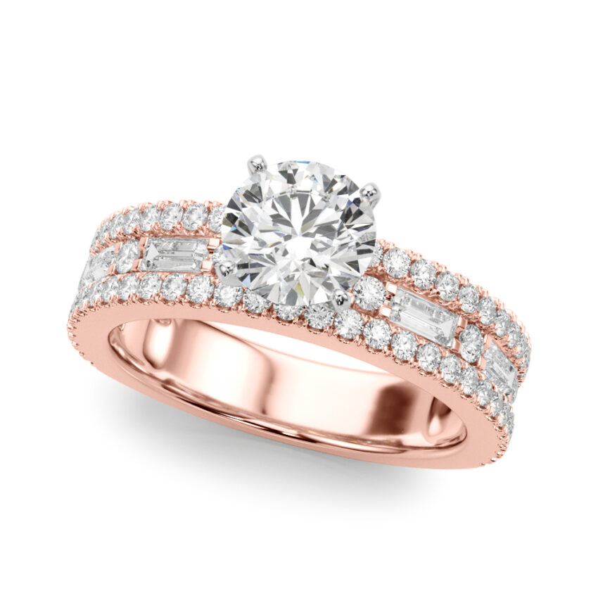 Angle view of round cut diamond triple row engagement ring rose gold