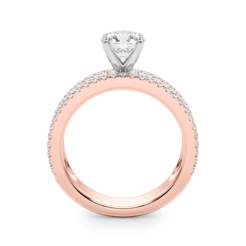 Side view of round cut diamond triple row engagement ring rose gold
