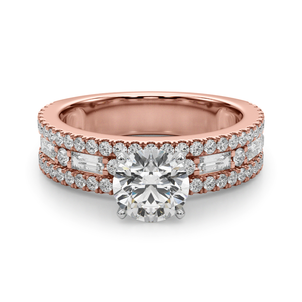 round cut diamond triple row engagement ring in rose gold