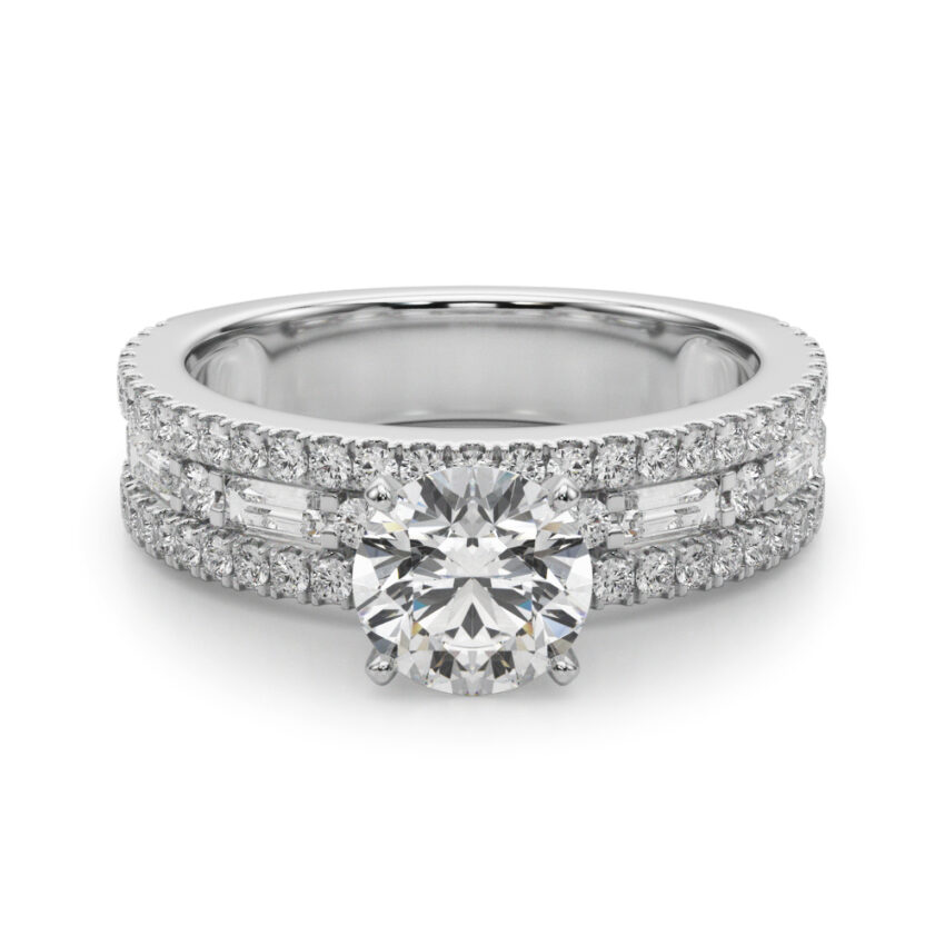 round cut diamond triple row engagement ring in white gold