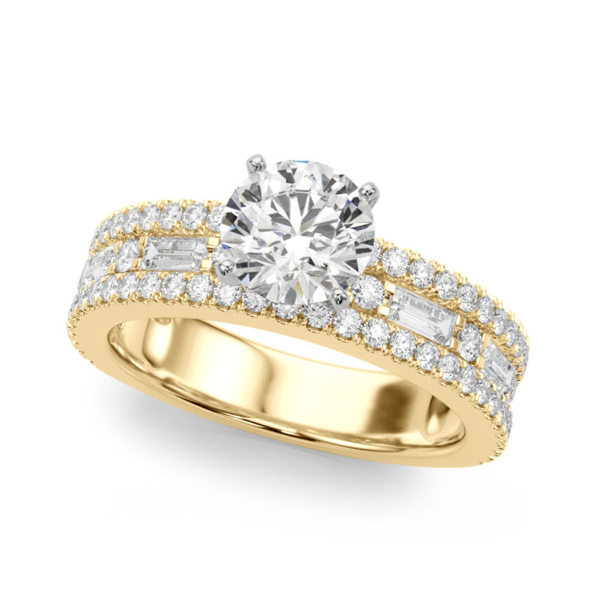 Angle view of round cut diamond triple row engagement ring yellow gold