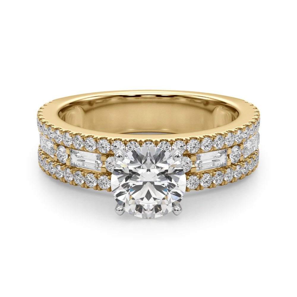 round cut diamond triple row engagement ring in yellow gold