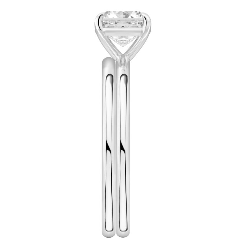 Side view of asscher cut diamond delicate solitaire engagement ring set platinum