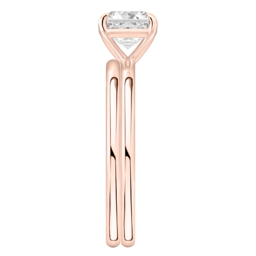 Side view of asscher cut diamond delicate solitaire engagement ring set rose gold