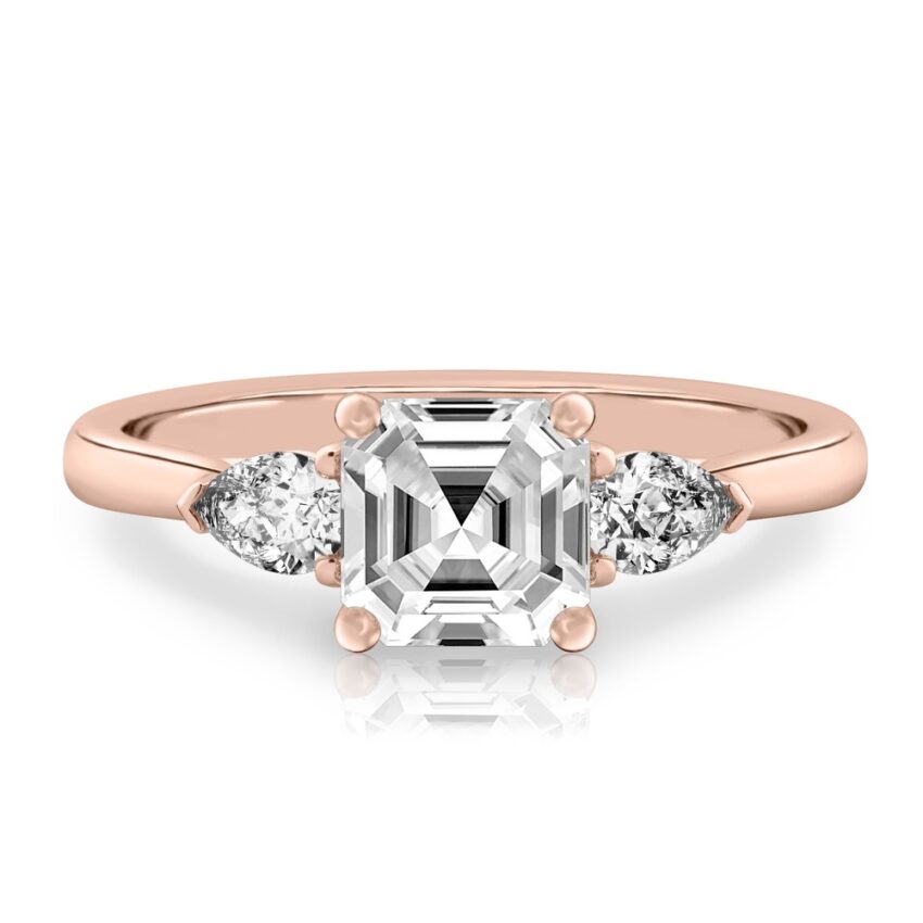 asscher cut diamond pear side stone engagement ring rose gold