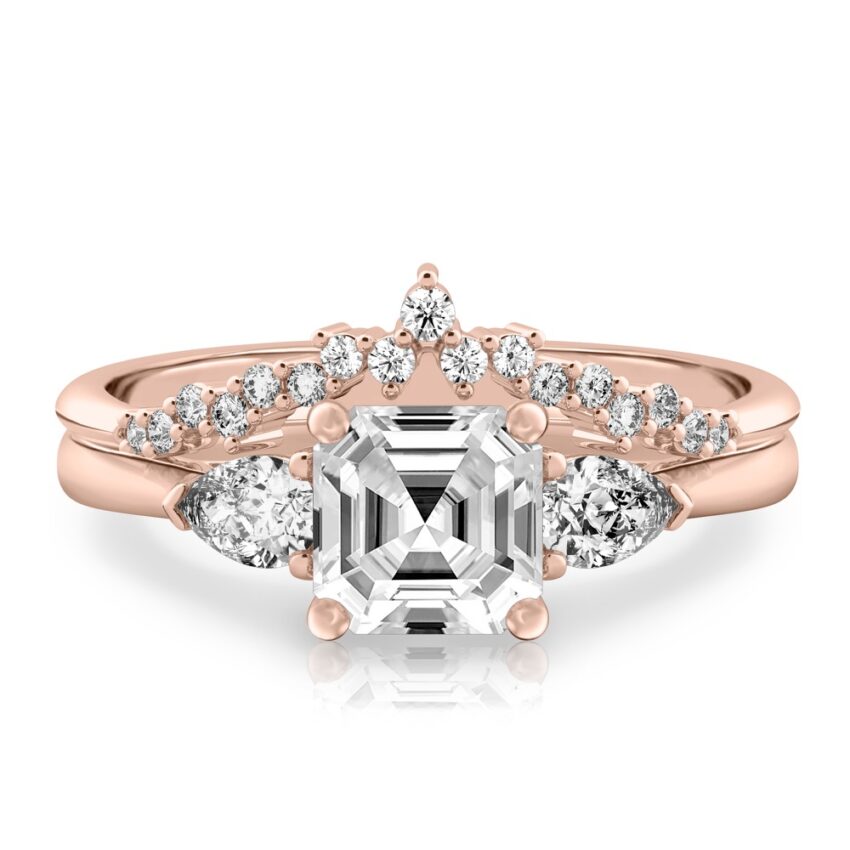 asscher cut diamond pear side stone engagement ring set rose gold