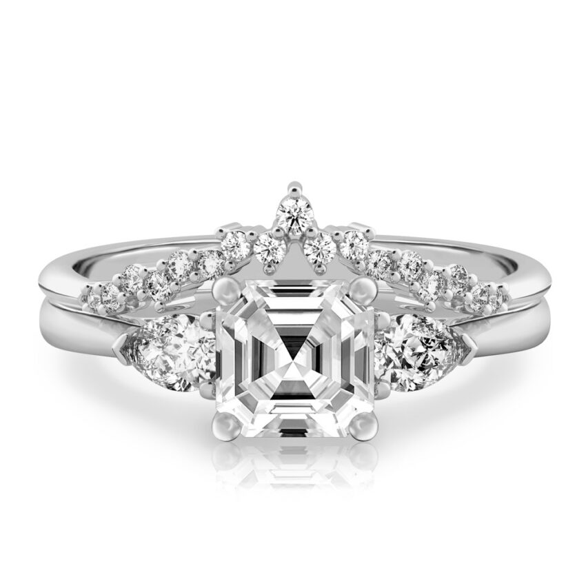 asscher cut diamond pear side stone engagement ring set white gold