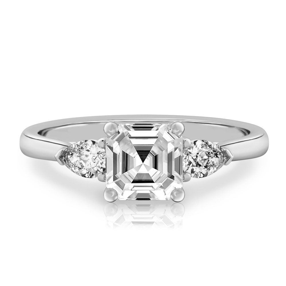 asscher cut diamond pear side stone engagement ring white gold