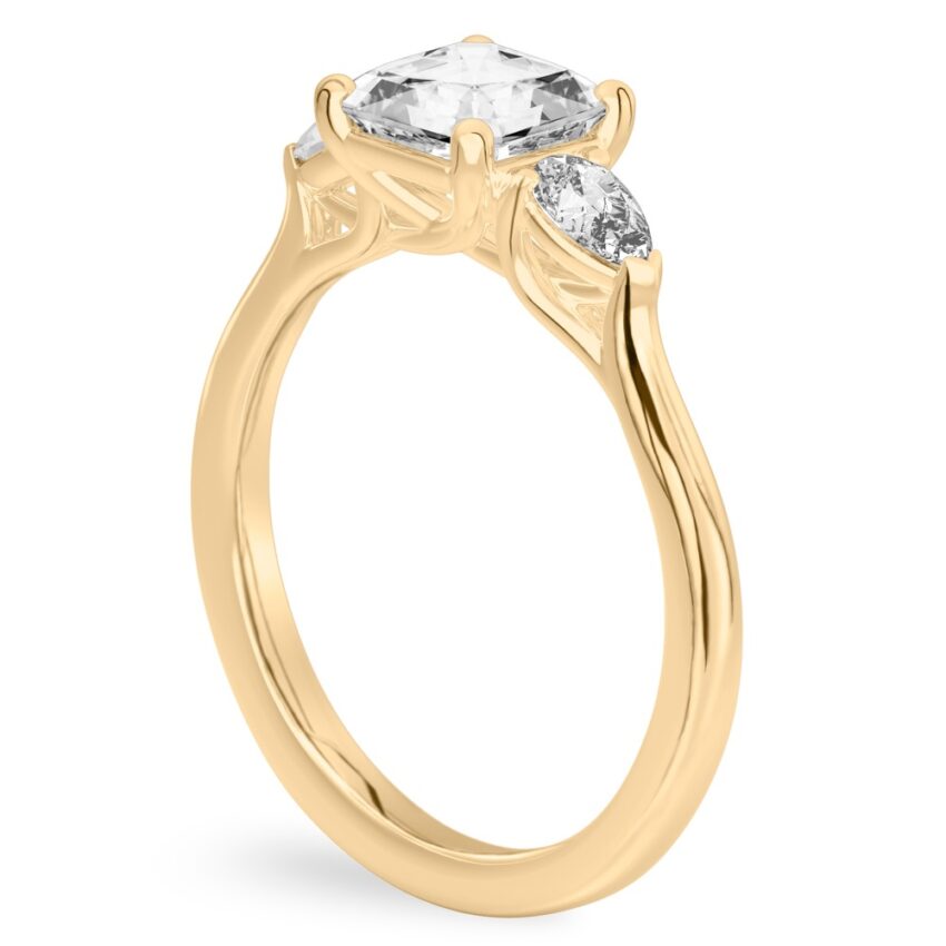 asscher cut diamond pear side stone engagement ring yellow gold angle