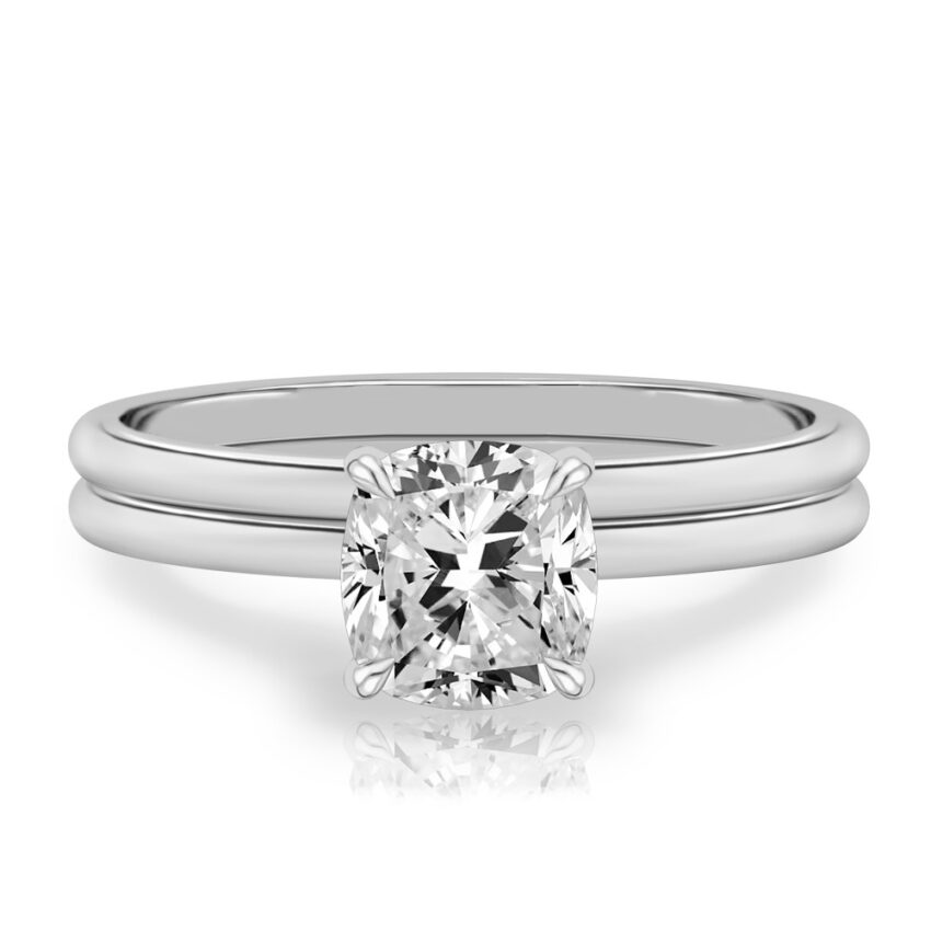 cushion cut diamond delicate solitaire engagement ring in set platinum