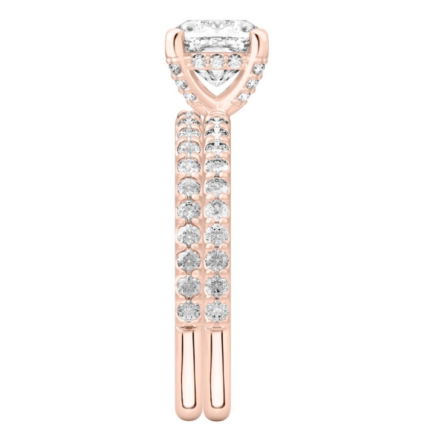 cushion cut diamond french cut basket setting set rose gold side