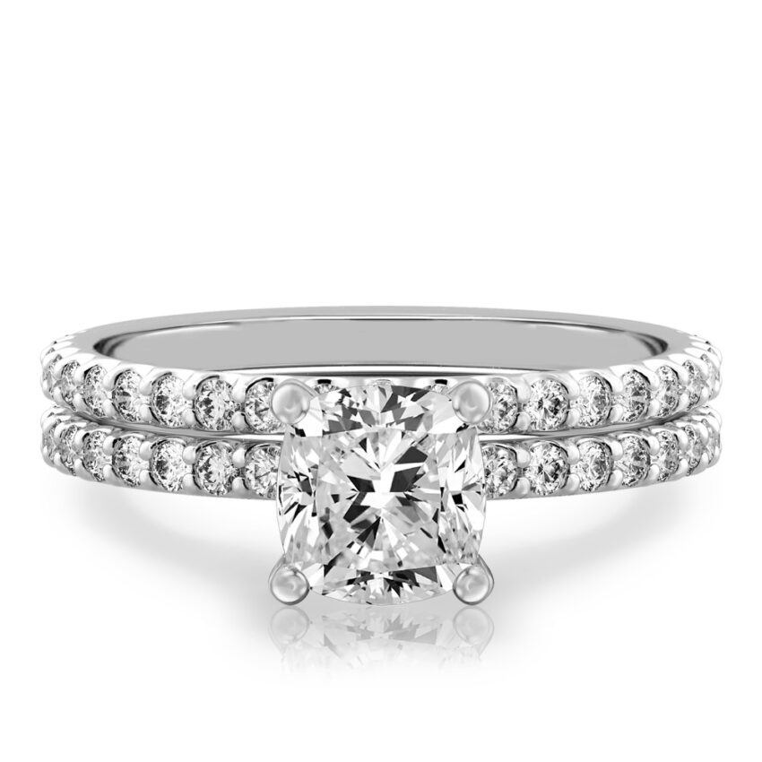 cushion cut diamond french cut basket setting set white gold