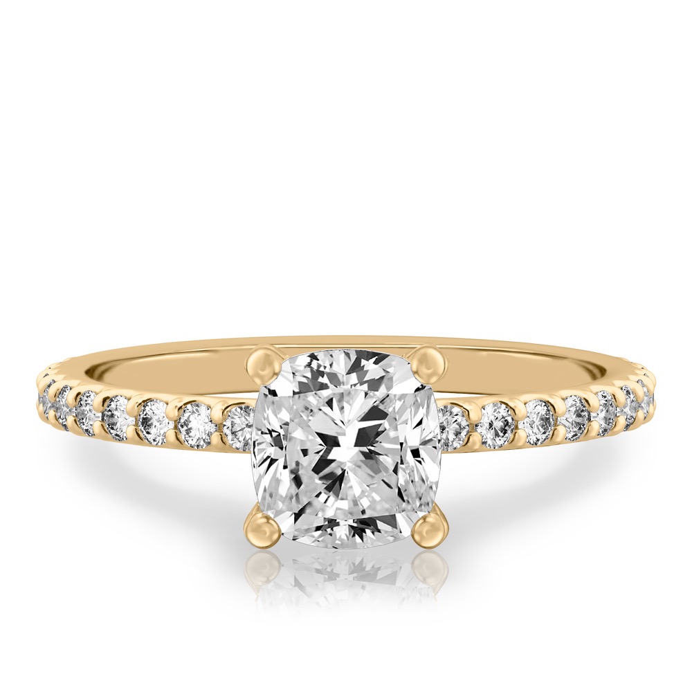 cushion cut diamond french cut basket setting yellow gold