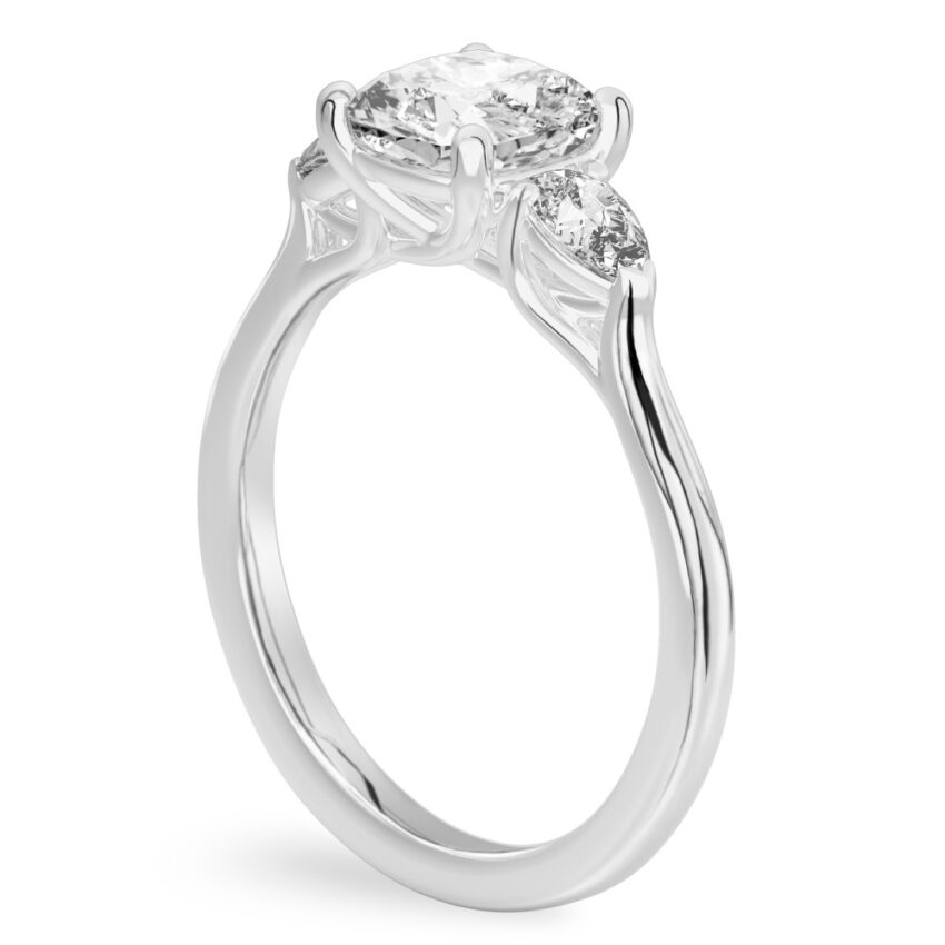 cushion cut diamond pear side stone engagement ring platinum angle