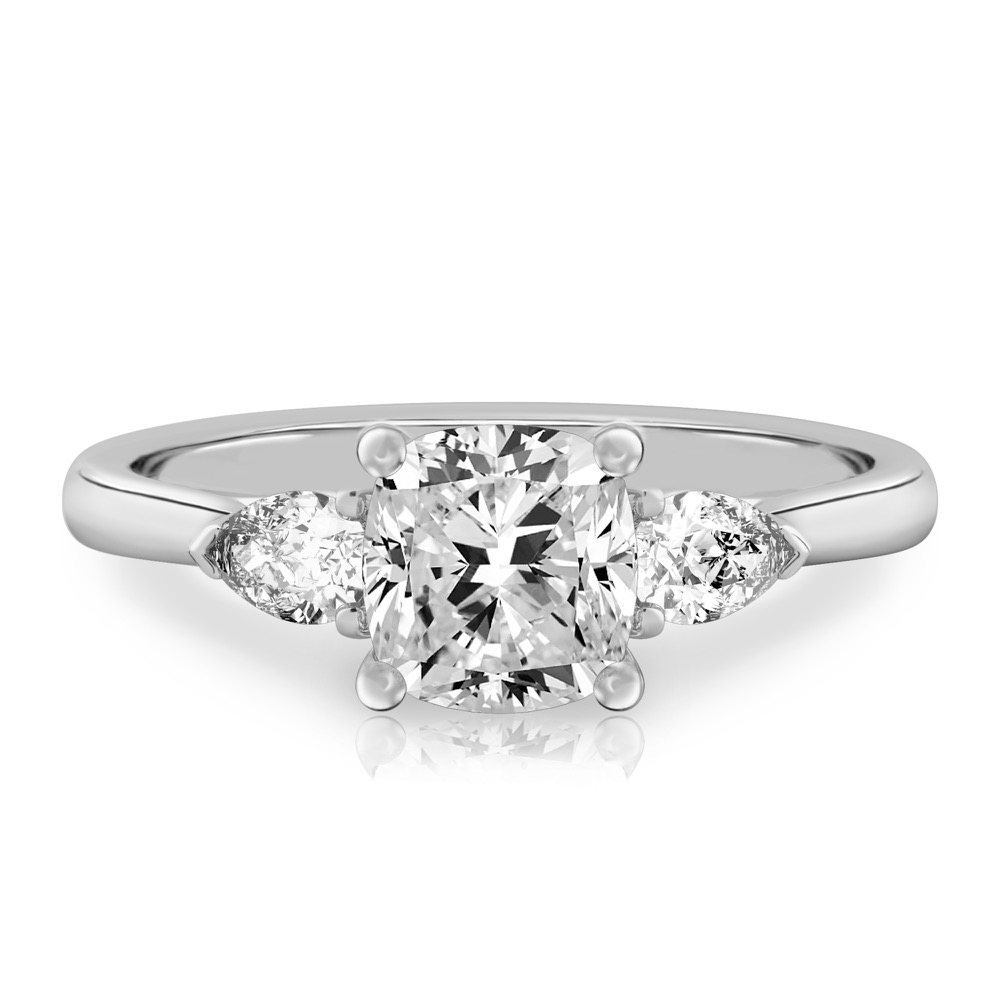 cushion cut diamond pear side stone engagement ring platinum