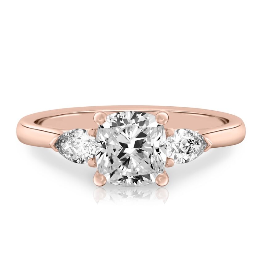 cushion cut diamond pear side stone engagement ring rose gold