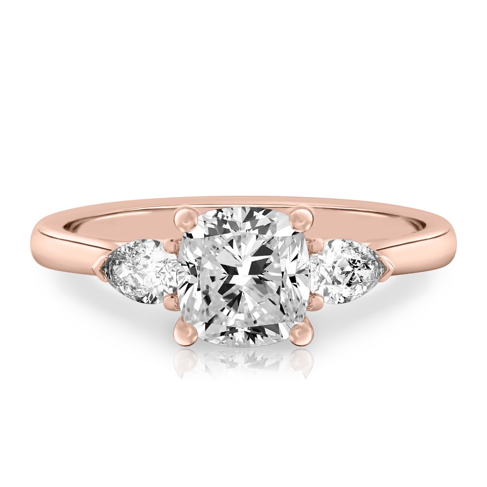 cushion cut diamond pear side stone engagement ring rose gold