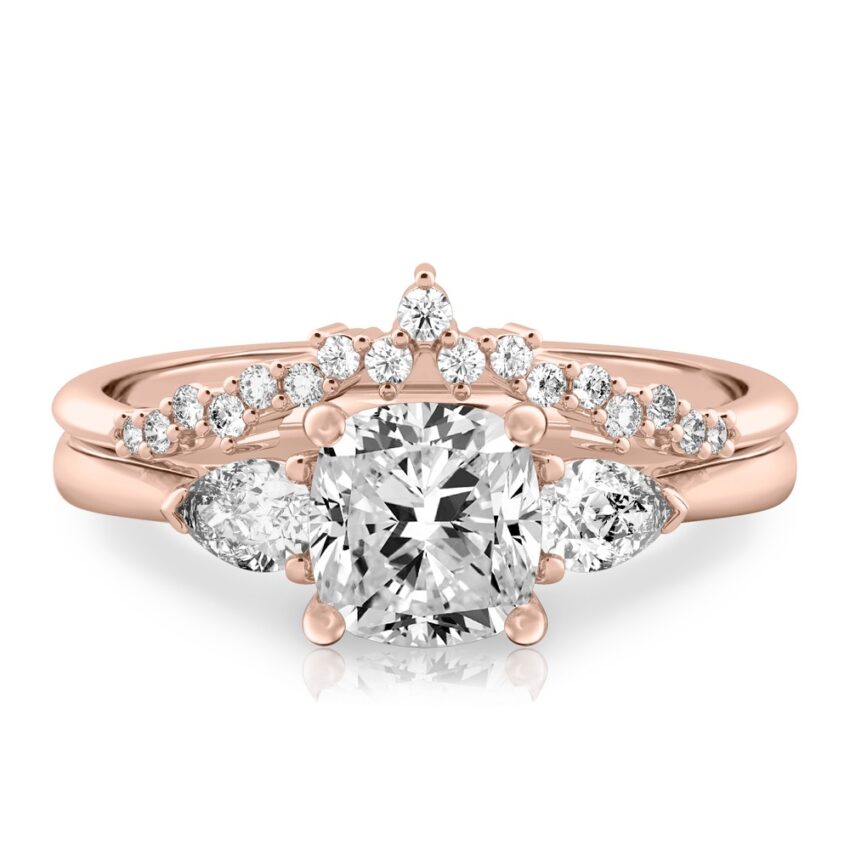 cushion cut diamond pear side stone engagement ring set rose gold