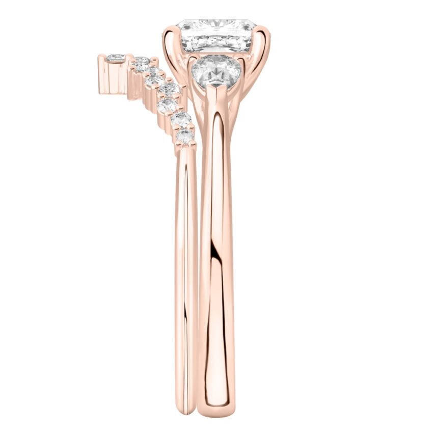 cushion cut diamond pear side stone engagement ring set rose gold side