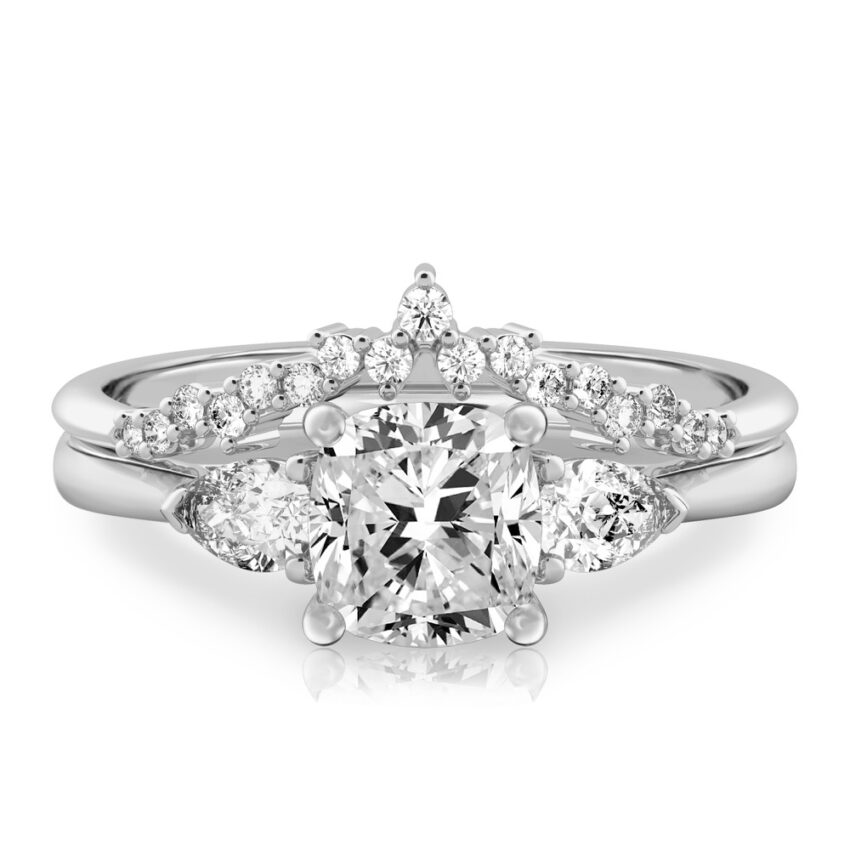 cushion cut diamond pear side stone engagement ring set white gold