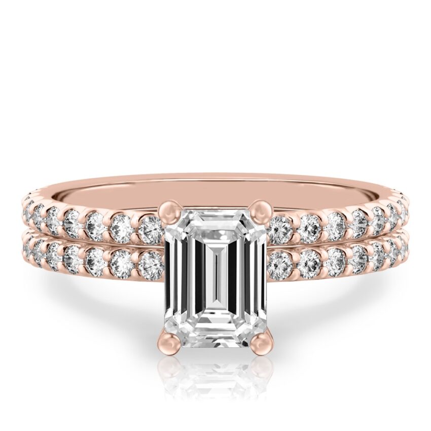 emerald cut diamond french cut basket setting set rose gold